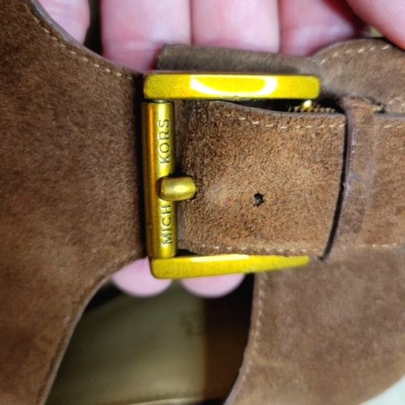Michael Kors cognac suede leather boots heel with zipper and gold buckle size 10 - Picture 11 of 16